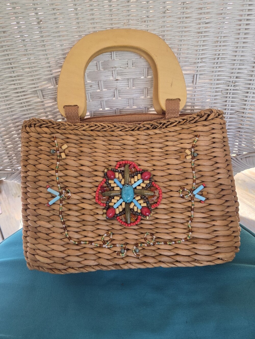 Vintage Boho Woven Beaded Handbag With Wood Handles.